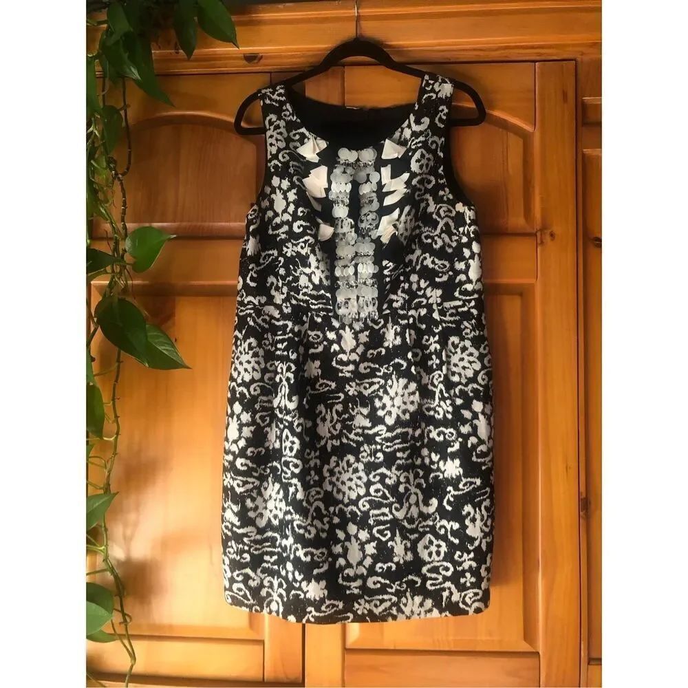 Nanette Lepore Black White Linen Silk Beaded Shift Dress SZ 12